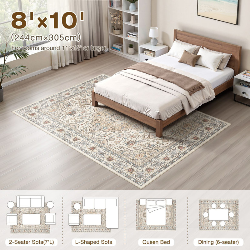 Aasen Boho Tribal Washable Vintage Oriental Area Rug for Living Room Bedroom-Beige, Rectangle 8' x 10', Beige/Brown