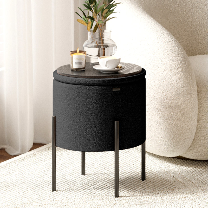 Modern Round Boucle Ottoman With Storage, Black