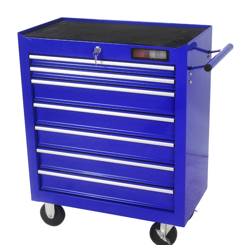 Chariot-atelier bleu à 7 tiroirs avec roulettes et serrure à clé, acier laminé à froid, thermolaqué, 4 po, glissière à roulement pour verrou de chargement de 15 kg, 2 freins,