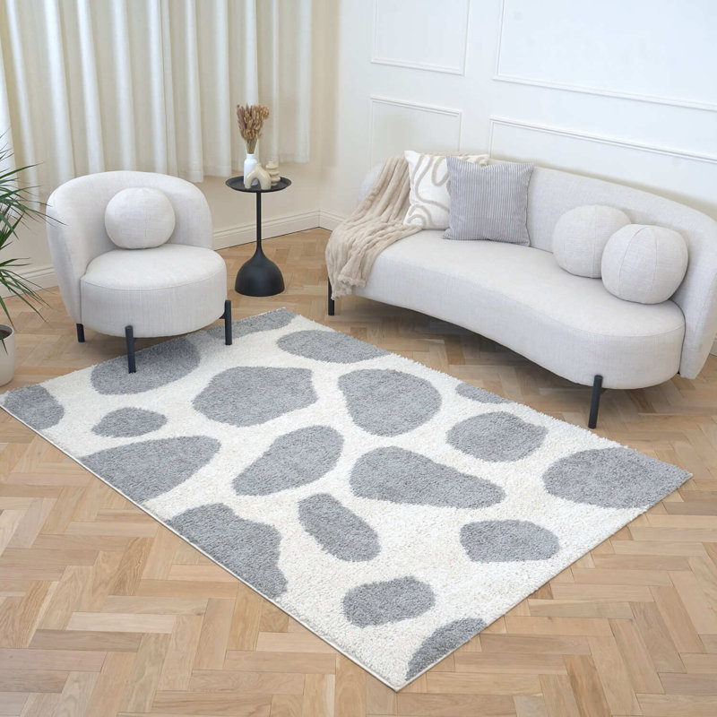 Moodi Modern Shaggy Area Rug Abstract Pebble Design, Rectangle 80 x 150 cm, Off-White/Grey