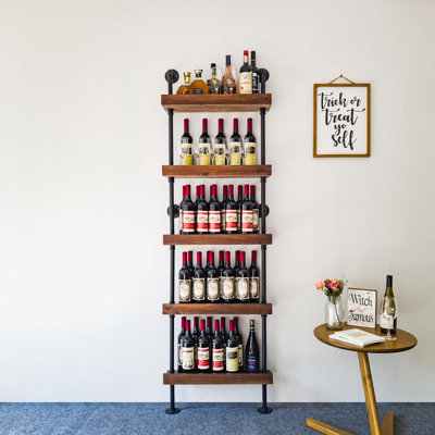 Support à vin industriel à fixation murale, étagère de bar à tuyaux industrielle pour présentoir à vin, organisateur suspendu rustique à 5 niveaux pour le rangement de bouteilles de vin dans la cuisine, le bar, le pub, la cave (brun noyer, 24 pouces)