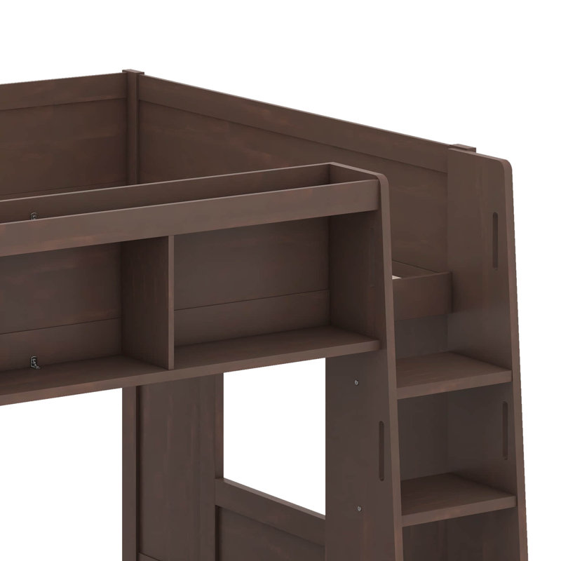 Queen Size Wooden Loft Bed With Storage Cabinets And Shelves, Brown
