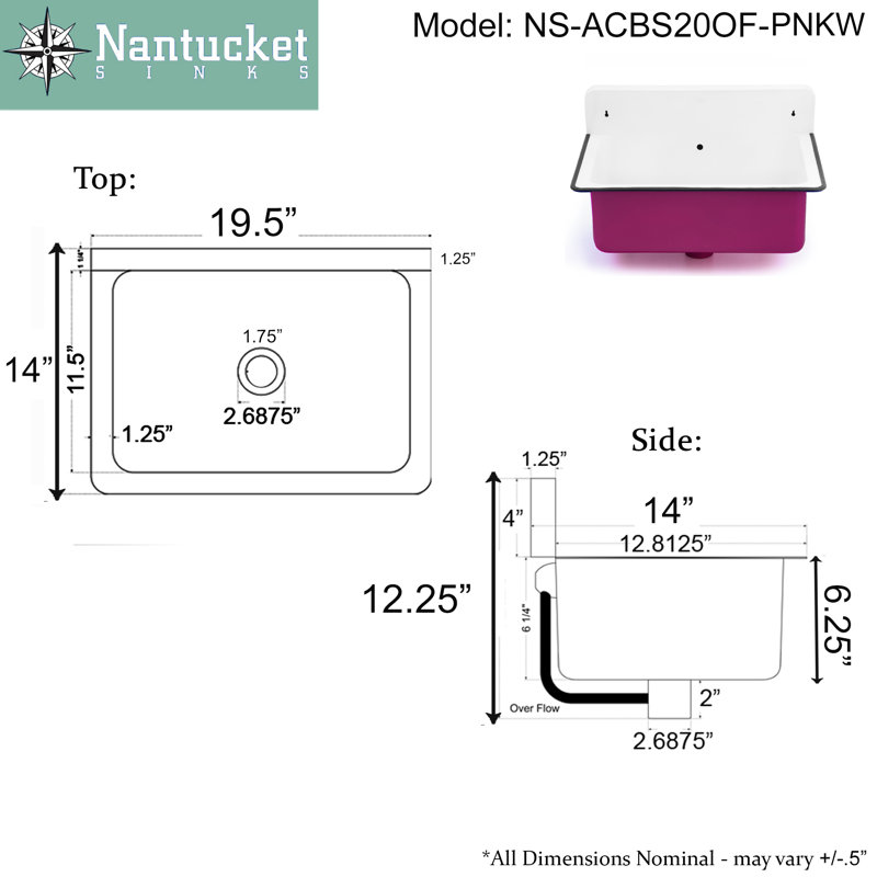 Anchor 14" Iron Rectangular Wall Mount Bathroom Sink with Overflow, Pink