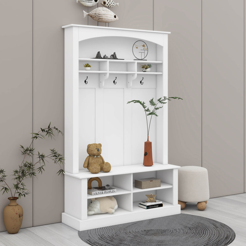 Portemanteau avec banc et rangement pour chaussures pour l'entrée, portemanteau avec 3 crochets et espace de rangement ouvert