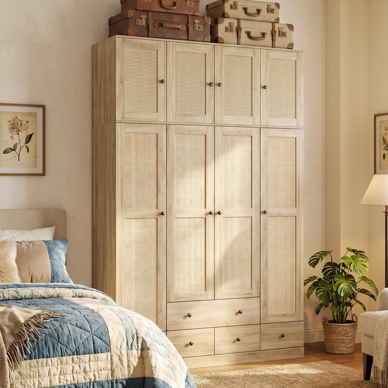 Armoire penderie en osier 94,5 po x l 59,1 po avec armoires supérieures, 5 tiroirs, 10 tablettes et 2 tringles de suspension