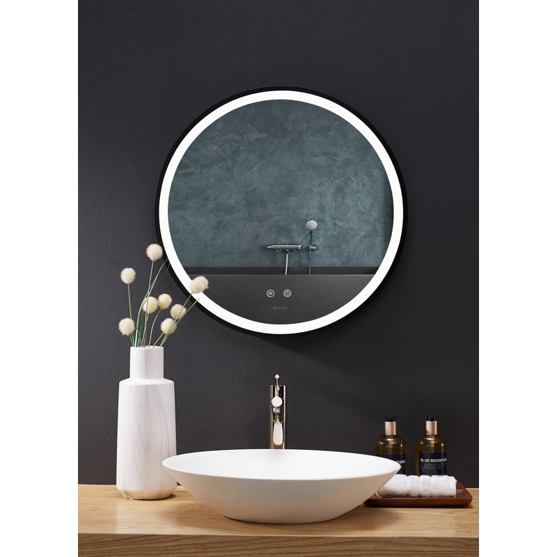 30-Inch Round Black Aluminum Bathroom Vanity Mirror with LED Light