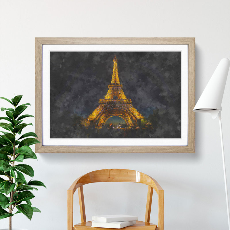 The Eiffel Tower in France at Night - Picture Frame Painting Print, 45cm H x 63cm W x 2cm D, Oak Framed
