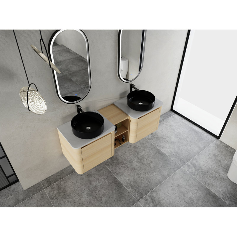Meuble-lavabo mural 60 po avec lavabos en céramique et tablettes de rangement 60 po