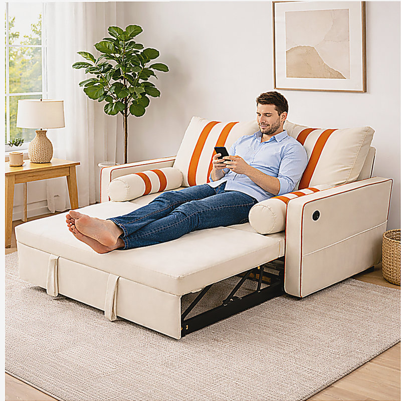 Canapé-lit coulissant vert à 2 places, canapé-lit convertible avec port de charge USB sur l'accoudoir, poche de rangement latérale élastique, conception peu encombrante pour le salon ou l’appartement