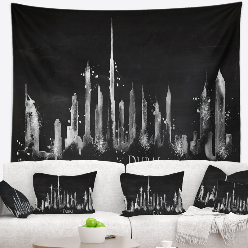 Paysage urbain tapisserie silhouette noire de dubaï, H 32 po x l 39 po