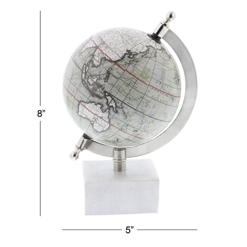 Globe terrestre éducatif en marbre blanc avec base en marbre, H 8,75 po x l 5 po x P 5,5 po, Gris / Blanc