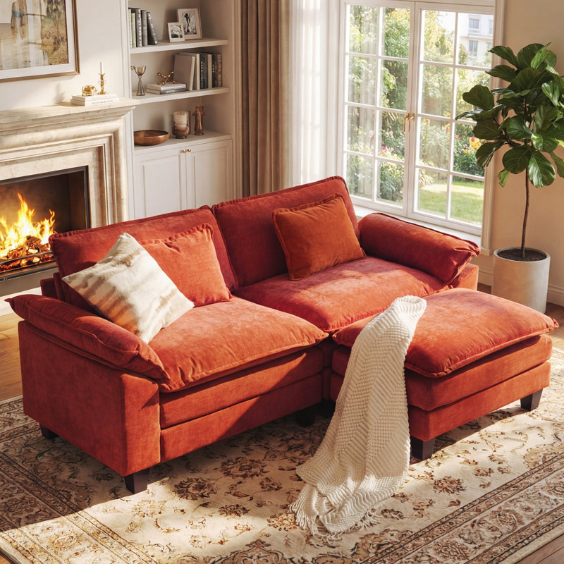 Canapé modulaire en forme de U de 86 po, canapé de nuage avec repose-pieds et coussins amovibles - orange, Coton orange
