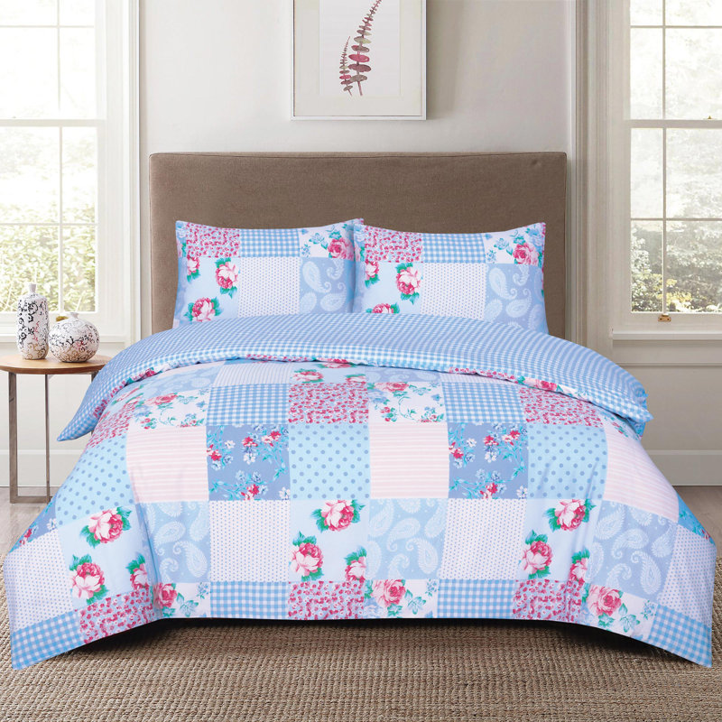 Duvet Cover Set with Pillowcases Cotton Rich Damask Pattern Bedding Soft Easy Care Wrinkle Resistant and Durable, Blue