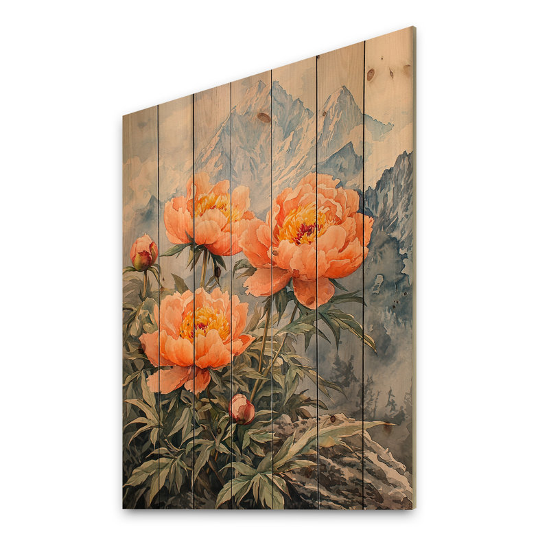 Pivoines et sommet de montagne III - Décoration murale en bois de pivoines - sur bois de pin naturel