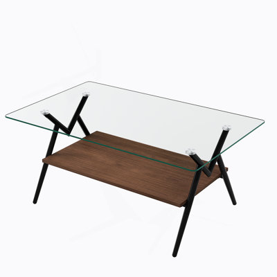 Rectangle Coffee Table With Tempered Glass Top And Black Metal Legs