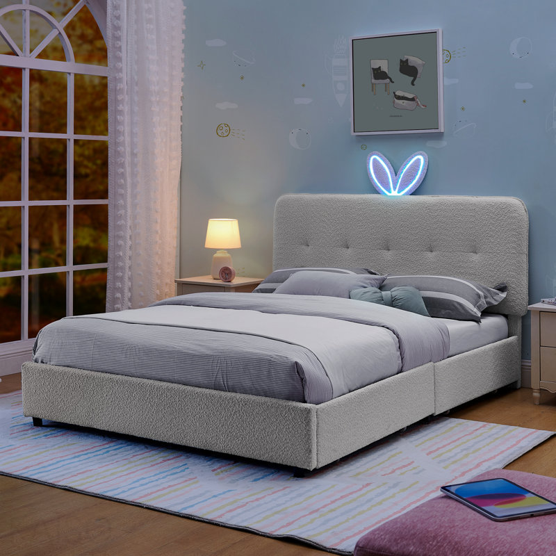 Full Size Kids Upholstered Bed With Oversized Rabbit Ear Headboard, Led Light & 4 Storage Drawers, Boucle Fabric (79.5''X55.75''X41'')
