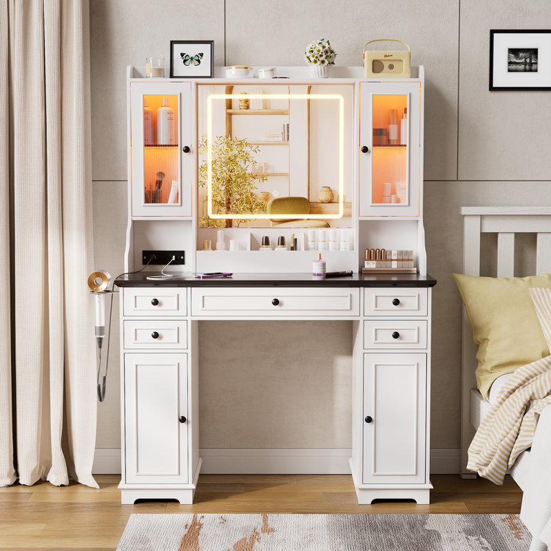 Bureau de coiffeuse avec miroir et lumières, grande coiffeuse de maquillage avec prise de courant