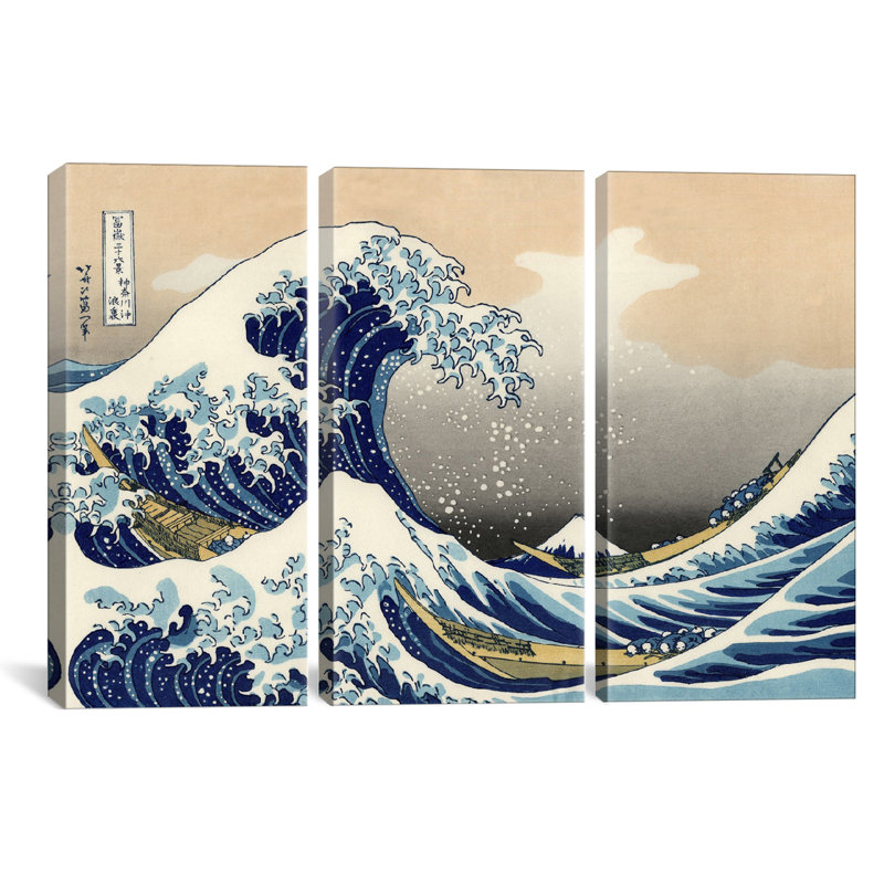 «The Great Wave at Kanagawa» par Katsushika Hokusai, ensemble de 3 impressions sur toiles tendues