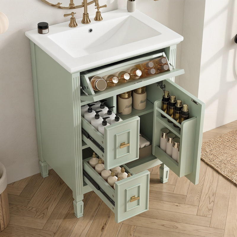 Rangement autoportant pour salle de bain 24 po avec lavabo, 3 tiroirs (1 rabat), tablette réglable, bois massif, Green