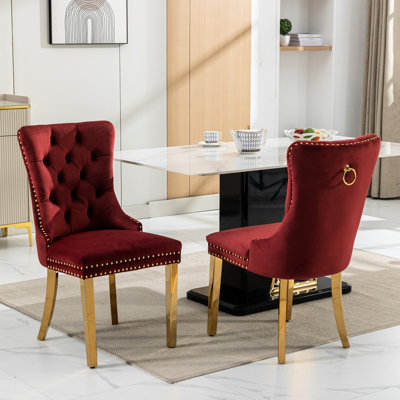 Stylish High Dining Chair , 2 Units, Burgundy Velvet, Golden Stainless Steel Legs And Decorative Trim Modern Chairs Pieces, Wine Red Velvet Upholstery, Legs, Stable Solid Wood Frame, Resilient Foam