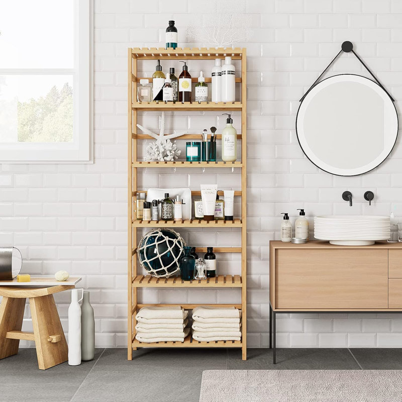 Bamboo Shelf, 6 Tier Bookcase Storage Shelves, Tall Book Rack Shelving Unit, Multipurpose Storage Display Shelf Adjustable Storage Rack