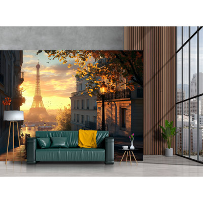 Paris Evening Glow Mural Wallpaper – Arc De Triomphe Street Scene With Rain Reflections And Café Lights