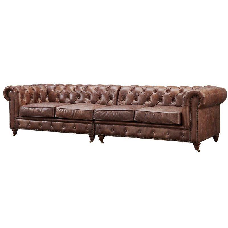 Upholstered 118'' Sofa, Brown Genuine Leather