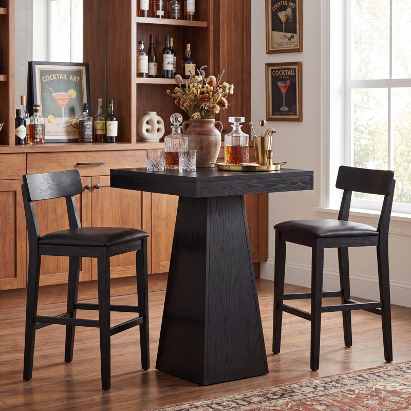 39.96" Height Square Bar Table Small Dining Table With Wood Conical Base, Black