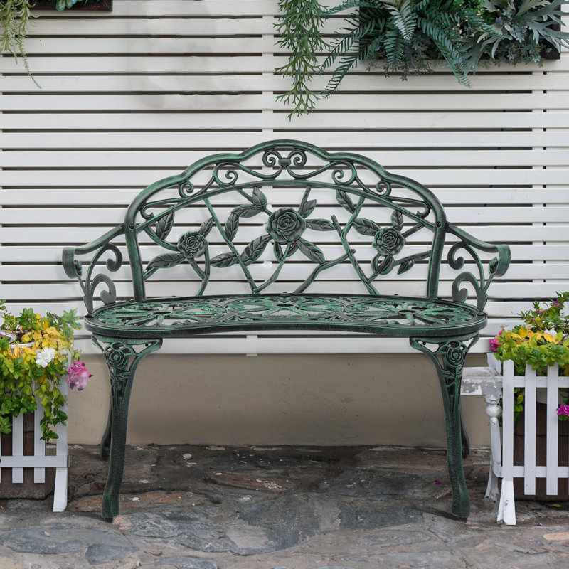 Elegant Aeruginous Cast Aluminum Patio Bench, Aeruginous