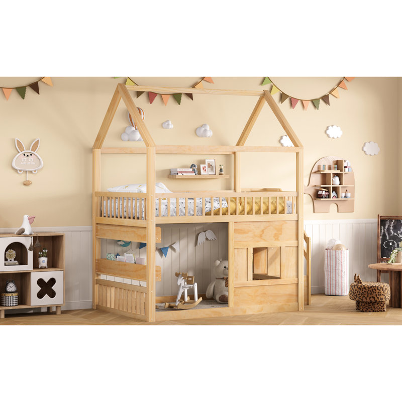 Lit de maison blanc en bois pleine grandeur avec éclairage à DEL doux, caractéristiques et tablette peu encombrante, garde-corps pour dormir