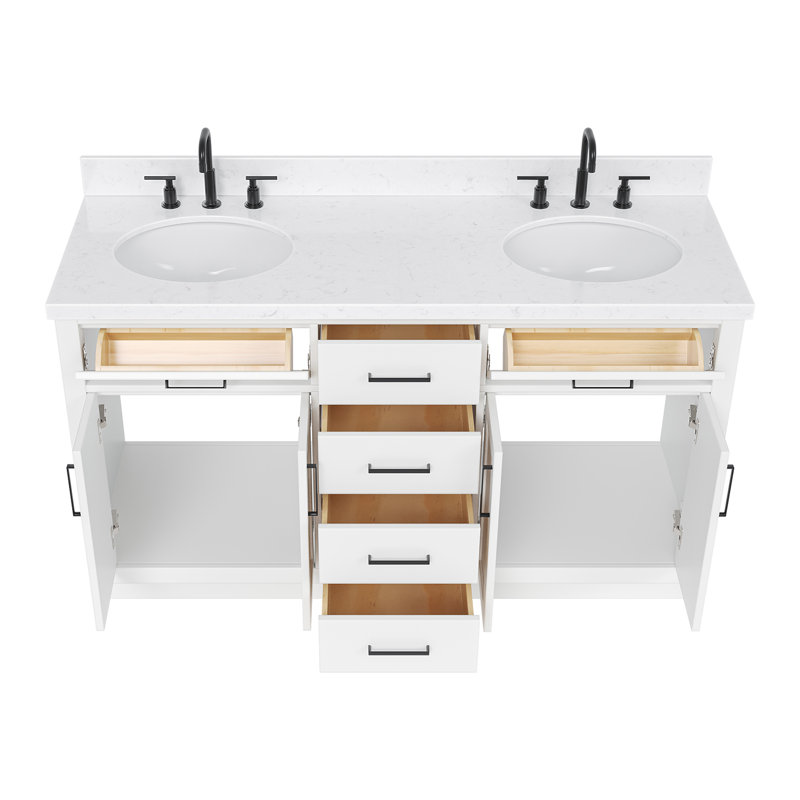Meuble-lavabo double en bois massif Thornaby avec plateau en quartz Carrara de 1,5 po, Ovale, Blanc / noir mat