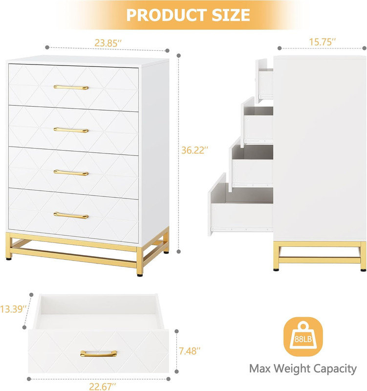 Modern 4-Drawer Dresser - Wood Chest with Gold Handles for Bedroom & Living Room, White