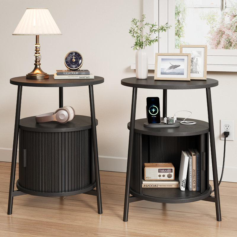 2-Pack Round End Table (Set Of 2) With Charging Station & Sliding Tambour Door, Fluted Side Table With Storage, Black, 2