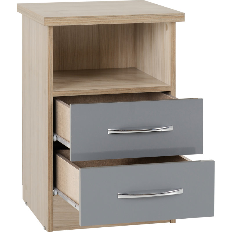 Cascio 2 Drawer Bedside Table, Grey Gloss/Light Oak Effect Veneer
