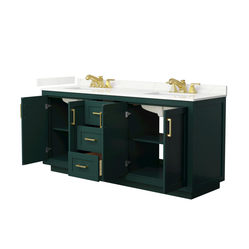 Meuble-lavabo double autoportant 72 po avec plateau en quartz Miranda, Quartz Giotto, Vert, Or brossé