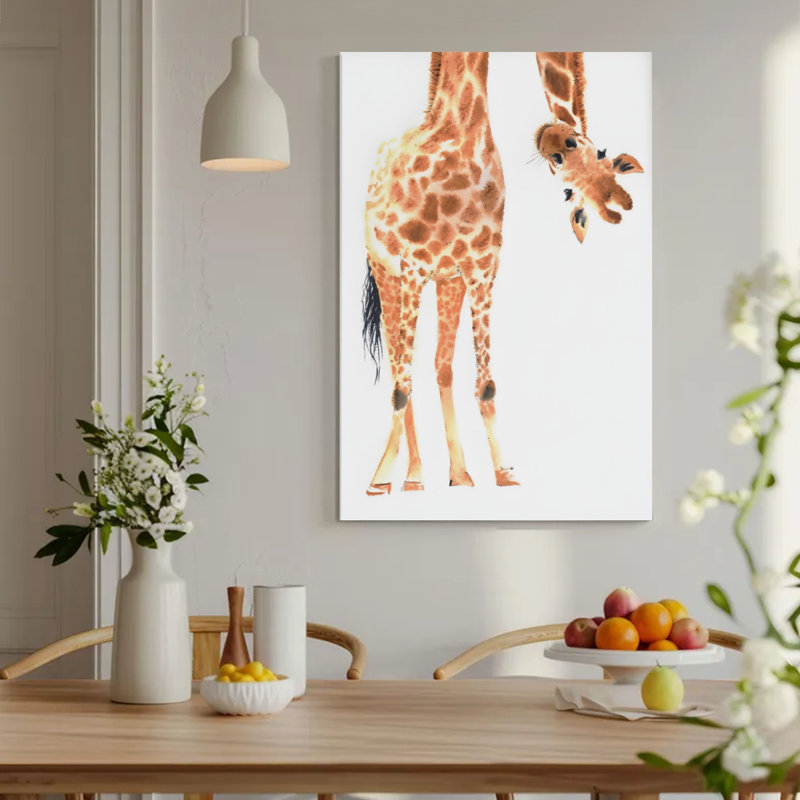 Girafe vue de derrière, tête inclinée vers le bas, style aquarelle. Art mural encadré en toile - Cadre en bois massif de 24 po x 36 po et 1 po d'épaisseur pour le salon ou la chambre à coucher