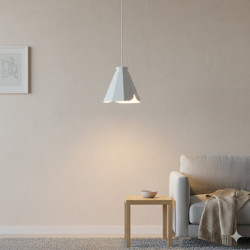 Une lampe suspendue en blanc, avec une esthétique de style moderne Mid-Century.