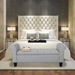 Claxton 50 Inch Contemporary Button Tufted Upholstered Storage Bench with Flip Top, Rolled Arms, Soft Close Hinges