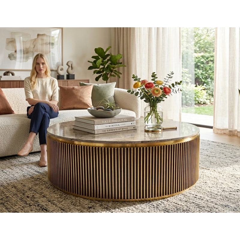 Table basse ronde en laiton avec plateau en marbre Italian