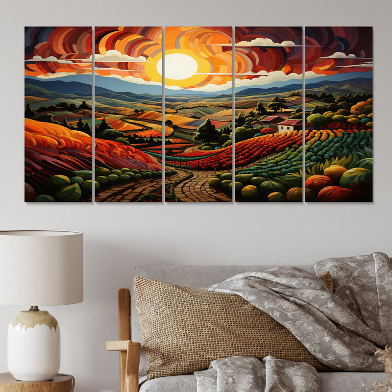 «Vineyard Rows Of Ruby I», impression d'art mural de ferme - 5 panneaux égaux