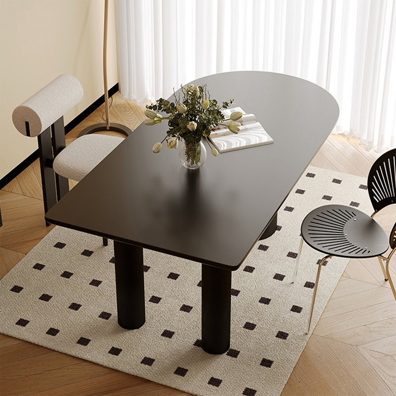 Table de salle à manger en pierre noire semi-ronde avec table en bois massif, H 29,53 po x L 70,87 po x l 31,5 po