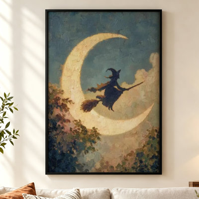 Magicien sur un croissant de lune - Tableau sur toile encadré blanc pour Halloween 76 cm H x 51 cm L
