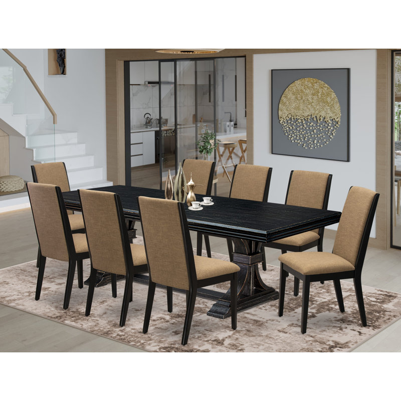 L'ensemble de table à manger 9 pièces comprend une table de salle à manger rectangulaire et 8 chaises de salle à manger en tissu de lin sable clair avec des pieds noirs - finition sable