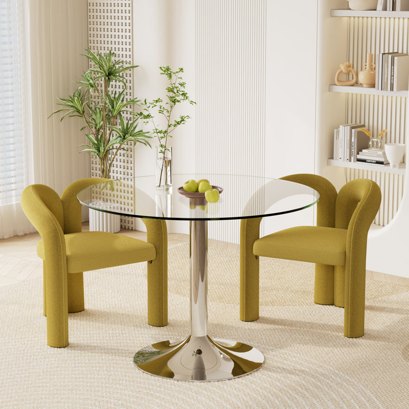 3 Piece Glass Dining Set with Barrel Accent Chairs, Olive Green