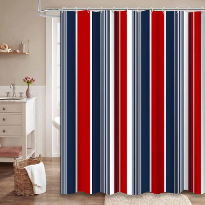 Rideau de douche rayé bleu rouge blanc marine avec 12 crochets