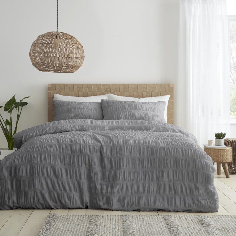 Seersucker Duvet Cover Set with Pillowcases, Grey, King Duvet Cover + 2 Standard Pillowcases