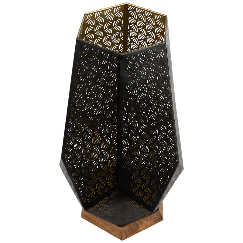 Laser-Cut Leaf Pattern Iron Table Lamp With Wood Base - 16.5" - Black