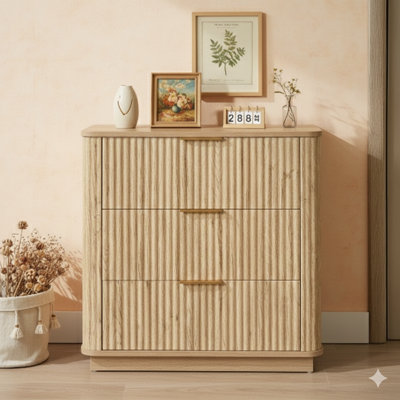 Ensemble de deux commodes à trois tiroirs, commode moderne de 27,6 pouces de largeur avec forme ondulée, table de chevet, rangement de tiroir en bois pour la chambre à coucher, le salon, le couloir au fini chêne, dimensions: l 27,6 po x P 15,8 po x H 27,4 po.
