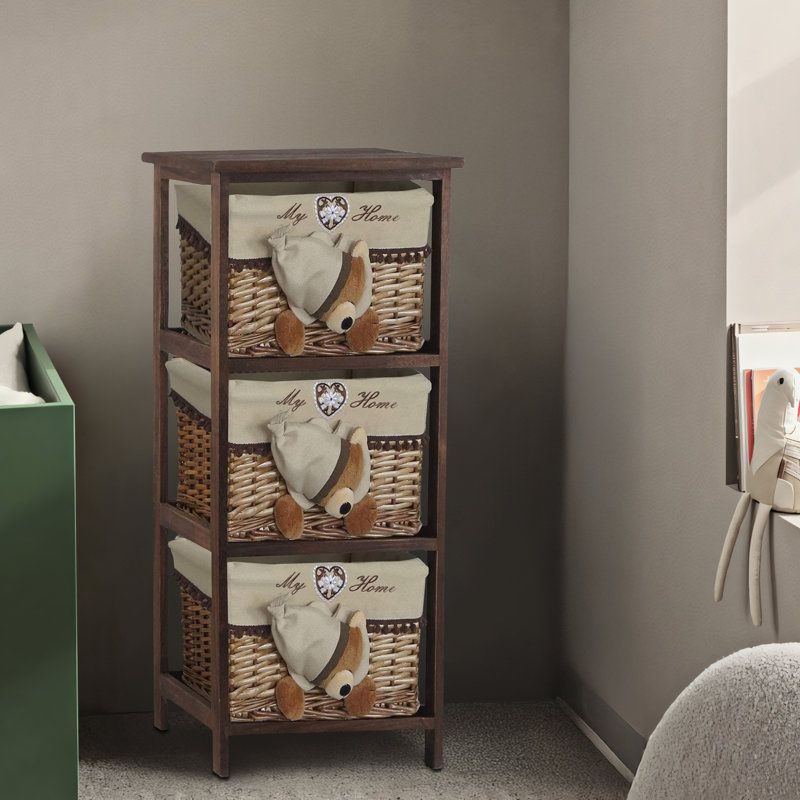 Jhavon 3 Drawer Wooden Cabinet with Wicker Storage Baskets and Brown Bear Design for Home Organization
