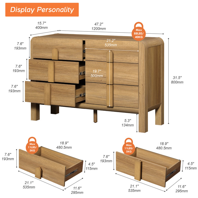 Adora Teen Dresser For Bedroom With 6 Drawers,47" Wide Modern Chest Of Drawers With Curved Profile Design, Wood Closet Clothes Storage Organizer For Kids Room, Living Room